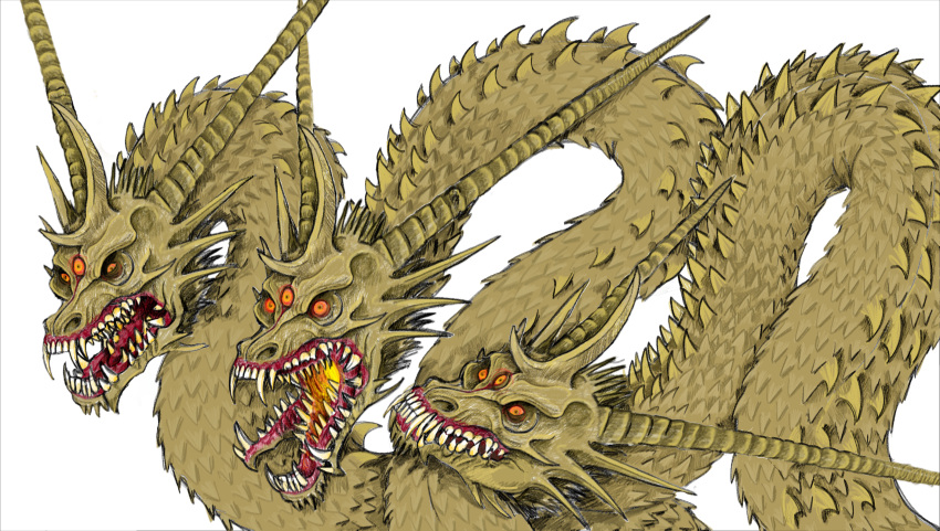 dragon extra_eyes godzilla_(series) highres horns kaijuu king_ghidorah looking_at_viewer monster multiple_heads no_humans open_mouth orange_eyes redtiger243 scales sharp_teeth tagme teeth