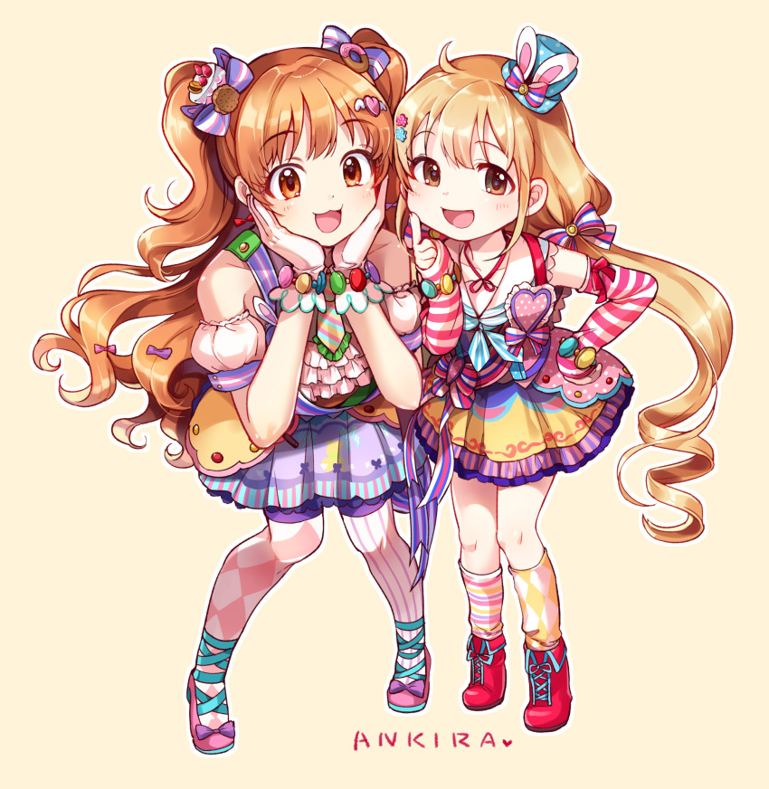 2girls :d argyle argyle_legwear blonde_hair blue_hat blush bow brown_eyes brown_hair detached_sleeves eyebrows_visible_through_hair futaba_anzu gloves hair_bow hair_ornament hat heart heart_hair_ornament highres idolmaster idolmaster_cinderella_girls index_finger_raised long_hair looking_at_viewer low_twintails mini_hat mismatched_legwear moroboshi_kirari multiple_girls open_mouth polka_dot polka_dot_hat purple_bow purple_skirt red_footwear simple_background skirt smile songmil standing striped striped_legwear striped_sleeves thigh-highs twintails two_side_up vertical-striped_legwear vertical_stripes white_gloves yellow_background yellow_skirt