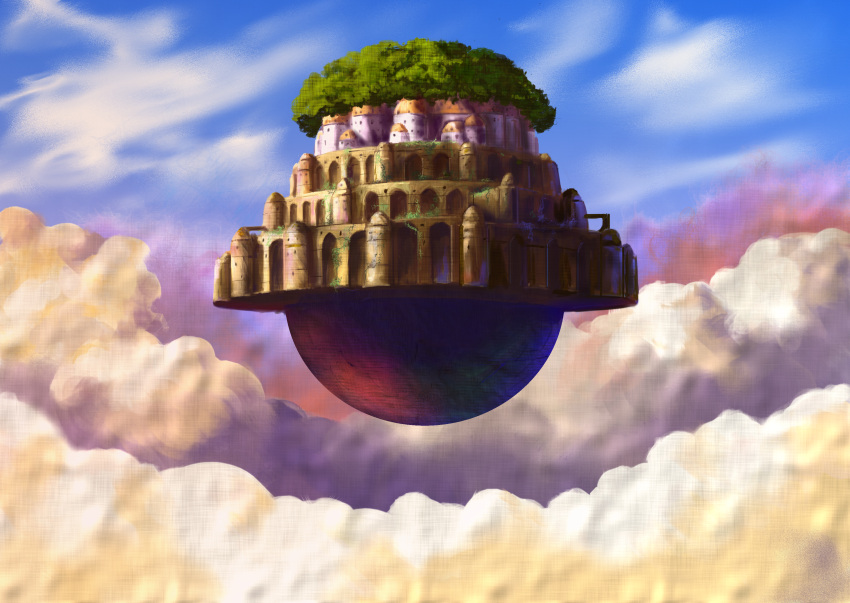 above_clouds absurdres anchoku_0621 blue_sky city commentary_request day fantasy floating_island highres huge_filesize no_humans outdoors scenery sky tenkuu_no_shiro_laputa