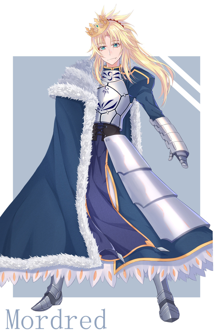 1girl 333_(pixiv8601259) absurdres aqua_eyes armor armored_boots armored_dress artoria_pendragon_(all) blonde_hair blue_cape blue_dress boots cape character_name cosplay crown dress eyebrows_visible_through_hair fang_out fate/apocrypha fate/stay_night fate_(series) floating_hair full_body fur_trim gauntlets hair_between_eyes hair_ornament hair_scrunchie head_tilt highres long_dress long_hair looking_at_viewer mordred_(fate) mordred_(fate)_(all) ponytail red_scrunchie saber saber_(cosplay) scrunchie solo standing