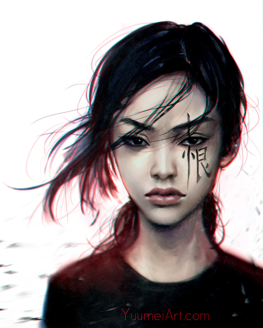 1girl black_eyes black_hair chinese chromatic_aberration close-up closed_mouth face facepaint highres lips long_hair looking_at_viewer original photo-referenced solo watermark web_address wenqing_yan wind