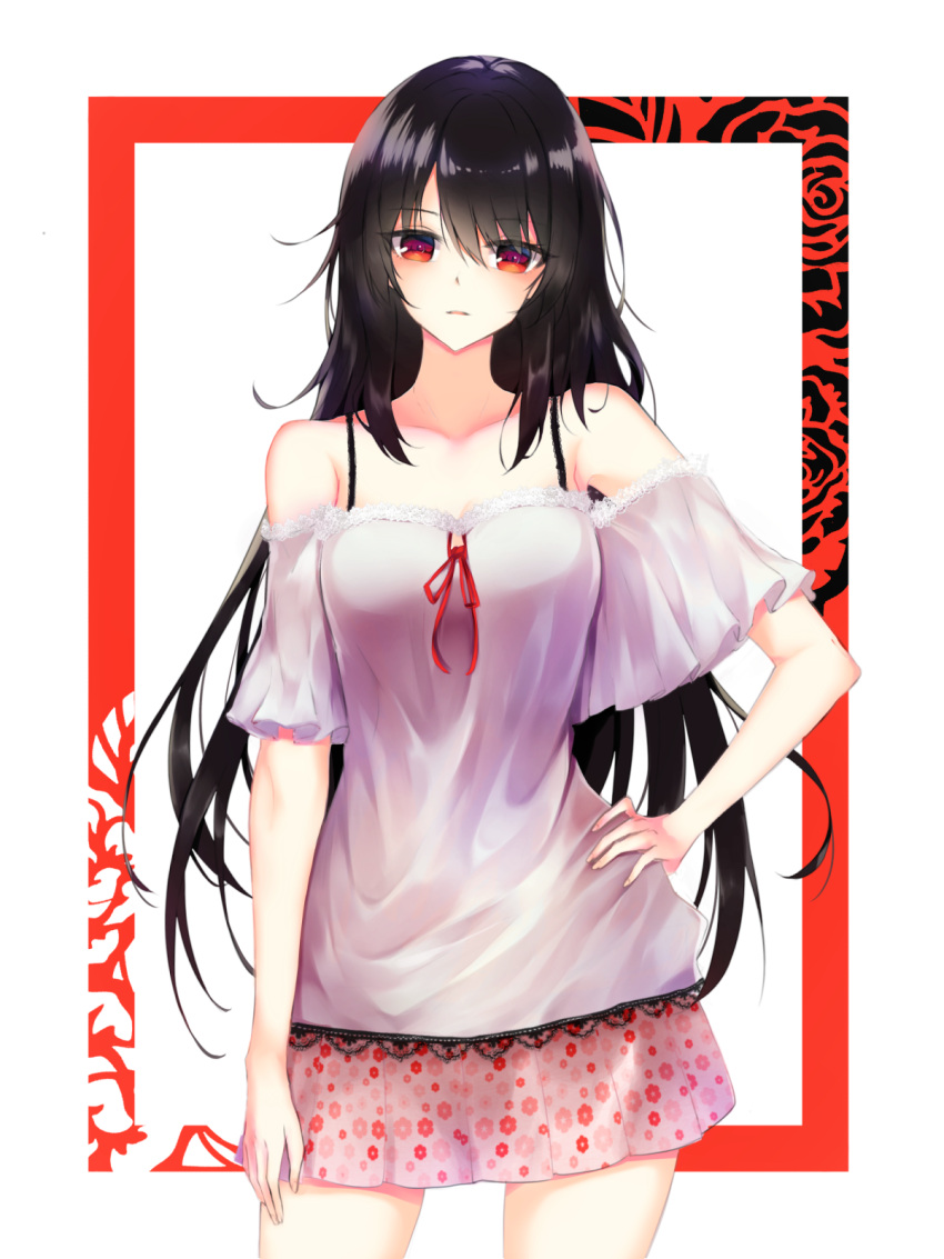 1girl arm_at_side bangs black_hair blush breasts casual expressionless fingernails floral_print frame frilled_shirt frills hair_between_eyes hand_on_hip highres kavies long_hair looking_at_viewer medium_breasts miniskirt off-shoulder_shirt off_shoulder original pale_skin parted_lips pleated_skirt puffy_short_sleeves puffy_sleeves red_eyes red_ribbon ribbon shirt short_sleeves skirt solo standing thighs very_long_hair white_background white_skirt