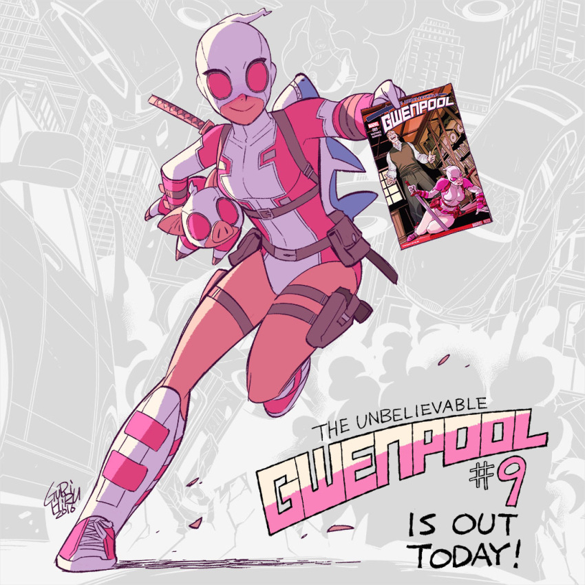 1girl breasts cover cover_page english full_body gurihiru gwen_poole gwenpool katana leotard marvel mask md5_mismatch pig pouch shin_guards shoes small_breasts smile sneakers solo stuffed_animal stuffed_shark stuffed_toy sword weapon
