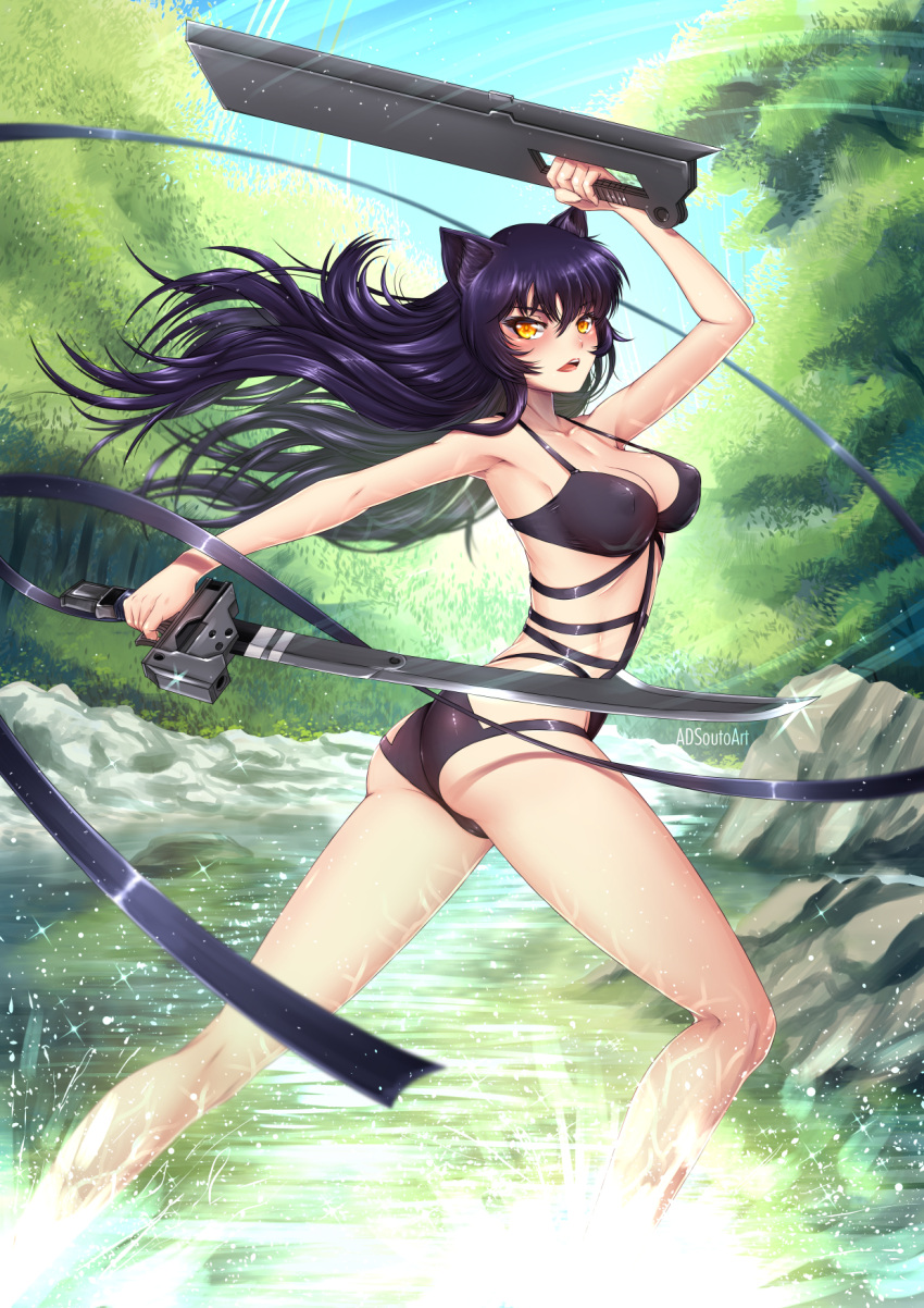 1girl adsouto animal_ears arm_up armpits artist_name bikini black_bikini black_hair blake_belladonna blue_sky blush breasts cat_ears cleavage collarbone covered_nipples day floating_hair forest hair_between_eyes highres holding holding_sword holding_weapon large_breasts long_hair nature open_mouth outdoors rwby sky soaking_feet solo standing sunlight swimsuit sword very_long_hair weapon yellow_eyes