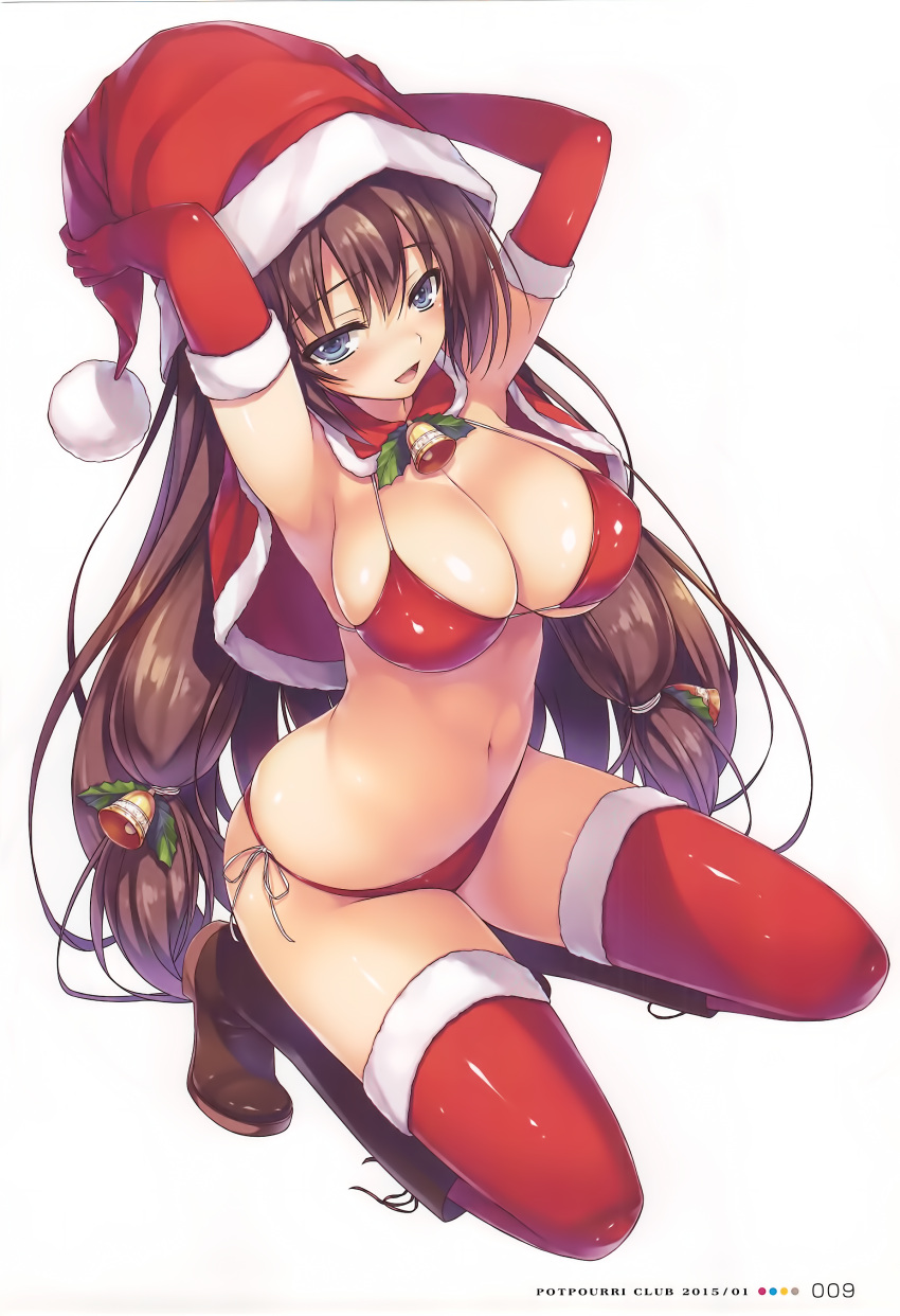 1girl absurdres armpits arms_up bangs bell bikini blue_eyes blush boots breasts brown_hair capelet cleavage elbow_gloves fur_trim gloves hair_ornament hat highres knee_boots large_breasts long_hair looking_at_viewer open_mouth original page_number pom_pom_(clothes) red_gloves red_legwear santa_bikini santa_hat scan shiny shiny_clothes shiny_hair side-tie_bikini simple_background smile solo squatting swimsuit tomose_shunsaku white_background