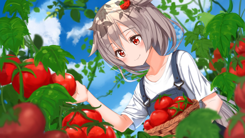 1girl ame. azur_lane bangs basket blue_sky blush closed_mouth clouds collarbone commentary_request day dutch_angle eyebrows_visible_through_hair hair_between_eyes hair_flaps hair_ornament hand_up montpelier_(azur_lane) outdoors overalls red_eyes shirt short_sleeves silver_hair sky smile solo tomato tomato_hair_ornament white_shirt