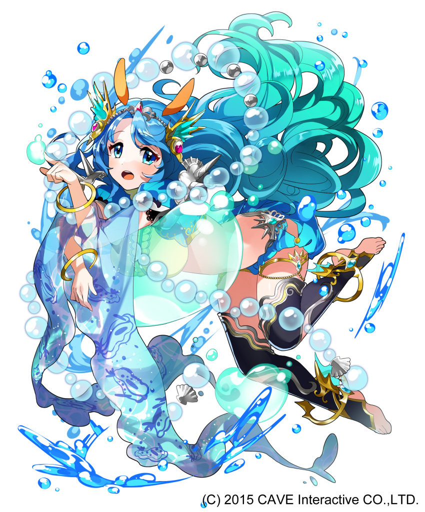 1girl :o absurdly_long_hair absurdres air_bubble akiru_(hokuouhuuhu) anklet bangle blue_eyes blue_footwear blue_hair blue_legwear bracelet bubble coral_hair_ornament gothic_wa_mahou_otome gradient_hair hand_up highres jewelry long_hair looking_at_viewer midriff multicolored_hair official_art seashell see-through shell silk solo very_long_hair watermark