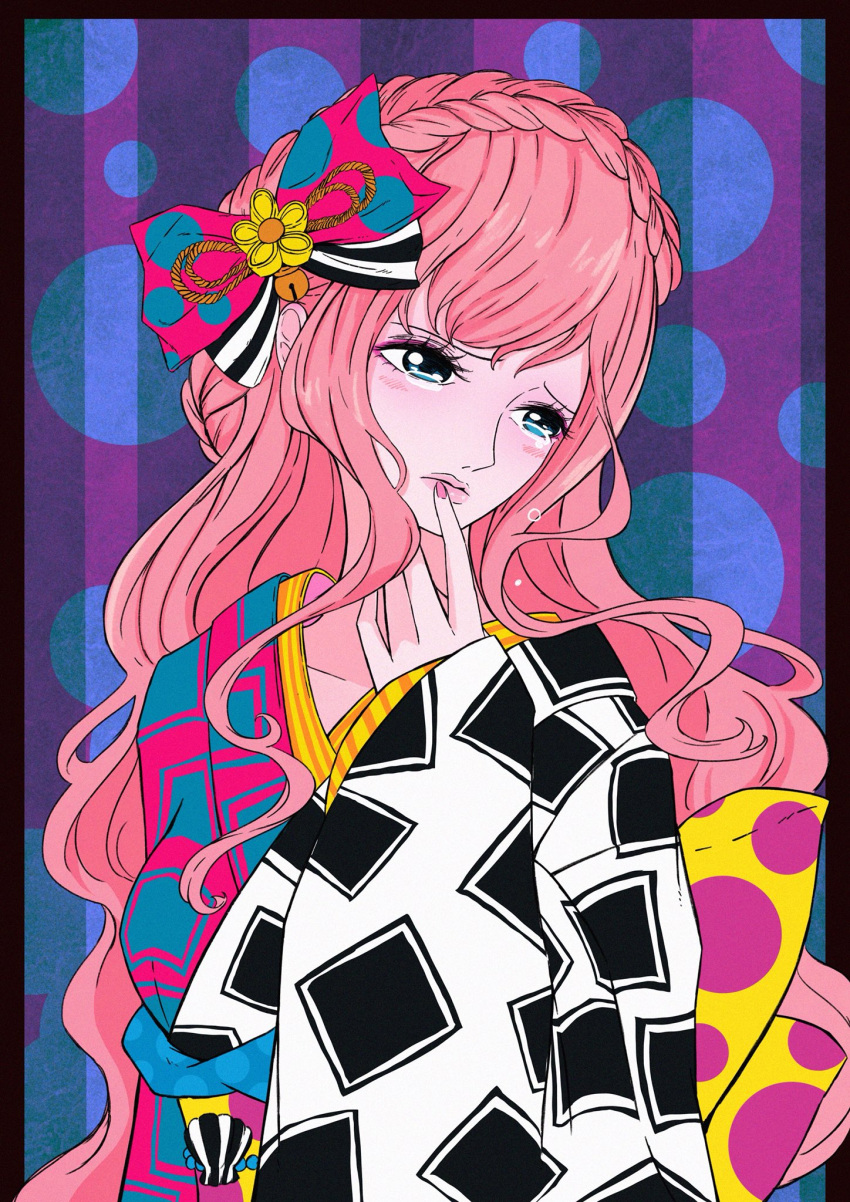 1girl alternate_costume alternate_hairstyle asymmetrical_clothes blue_eyes blush border bow braid breasts eyeshadow finger_to_mouth hair_bow hair_ornament head_tilt highres japanese_clothes kimono long_hair makeup nail_polish obi obi_bow one_piece patterned_clothing pink_hair portrait purple_eyeshadow rebecca_(one_piece) sash sherumaru_(korcht06) solo tearing_up wide_sleeves