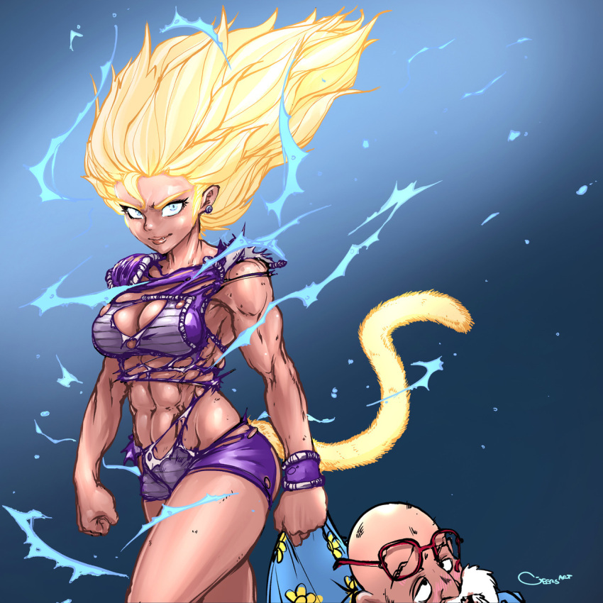 1boy 1girl abs aura bald beard blonde_hair breasts broken_eyewear character_request cleavage clenched_hands darren_geers dragon_ball dragon_ball_super earrings electricity facial_hair fang floating_hair glasses highres jewelry lips long_hair looking_at_viewer medium_breasts monkey_tail muscle muscular_female muten_roushi old_man red-framed_eyewear solo_focus spiky_hair super_saiyan tail torn_clothes torn_unitard unconscious wristband