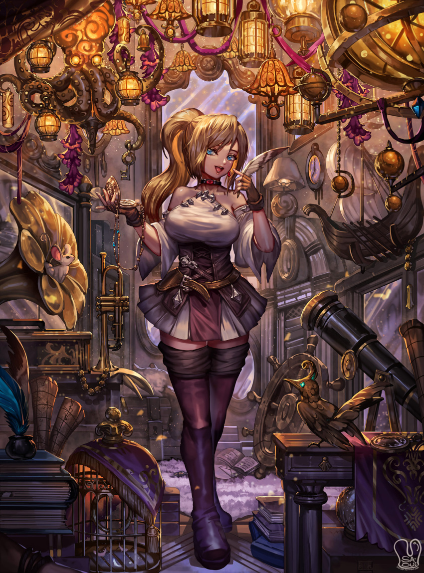 1girl :d bare_shoulders belt birdcage blonde_hair blue_eyes book book_stack breasts cage clock commentary commission detached_sleeves english_commentary feathers final_fantasy final_fantasy_xiv fingerless_gloves gloves highres holding hyur indoors instrument lantern large_breasts long_hair long_sleeves looking_at_viewer mechanical_bird mouse open_mouth phonograph ponytail quill sa-dui skirt smile solo standing table telescope tentacle thigh-highs trombone walking wall_clock