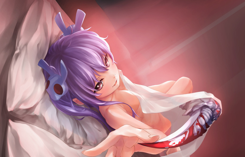 1girl bare_shoulders bed bed_sheet breasts bunny_hair_ornament hair_ornament highres indoors long_hair looking_at_viewer lying memento_(sennen_sensou_aigis) on_back open_mouth pi_(pnipippi) pillow purple_hair scythe sennen_sensou_aigis skull_hair_ornament small_breasts smile solo twintails underwear violet_eyes