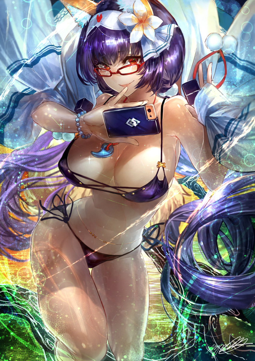 1girl alternate_hair_color animal_ear_fluff animal_ears bikini black_bikini branch breasts cellphone cleavage cloak commentary_request fate/grand_order fate_(series) flower fox_ears fox_tail glasses hair_flower hair_ornament highres hood hood_down hooded_cloak lady_foxy large_breasts long_hair looking_at_viewer low_twintails magatama_necklace osakabe-hime_(fate/grand_order) phone purple_hair rectangular_eyewear red-framed_eyewear red_eyes side-tie_bikini signo_aaa smartphone smile solo swimsuit tail twintails very_long_hair white_cloak