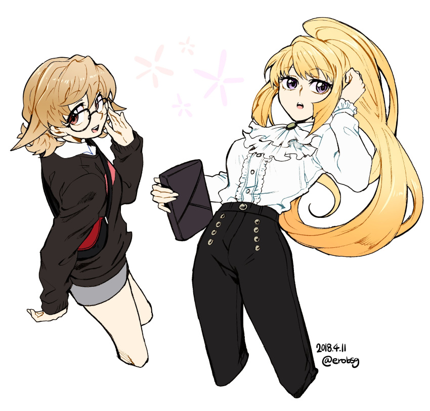 2girls 302 atra_mixta bag bespectacled blonde_hair brown_hair dated from_side glasses gundam gundam_tekketsu_no_orphans handbag high_ponytail highres kudelia_aina_bernstein long_hair multiple_girls red_eyes sidelocks twitter_username very_long_hair violet_eyes