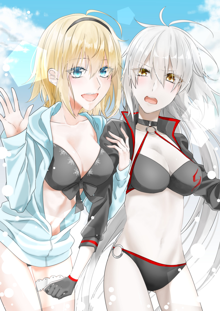 2girls absurdres ahoge bangs bikini black_bikini blonde_hair blue_eyes blue_hoodie blush braid breasts choker cleavage clouds cloudy_sky commentary_request cowboy_shot eyebrows_visible_through_hair fate/grand_order fate_(series) hair_between_eyes hairband highres jacket jeanne_d'arc_(alter_swimsuit_berserker) jeanne_d'arc_(swimsuit_archer) large_breasts long_hair looking_at_viewer mkmizuki multiple_girls navel o-ring outdoors sky smile swimsuit very_long_hair yellow_eyes