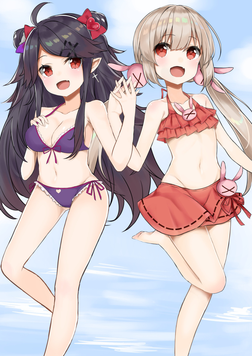 &gt;_&lt; 2girls :d absurdres ahoge bangs bare_arms bare_shoulders barefoot bikini black_hair blue_sky blush bow breasts bunny_hair_ornament character_request cleavage clouds commentary_request cross cross_earrings day double_bun earrings eyebrows_visible_through_hair fang fingernails frilled_bikini frills front-tie_bikini front-tie_top groin hair_between_eyes hair_bow hair_ornament hairclip hand_holding hand_on_own_chest hand_up hands_up hashiko_nowoto head_tilt heart highres interlocked_fingers jewelry latin_cross light_brown_hair long_hair low_twintails medium_breasts multiple_girls natori_sana navel ocean open_mouth outdoors parted_bangs purple_bikini red_bikini red_bow red_eyes red_ribbon ribbon ribbon_trim sana_channel side-tie_bikini side_bun sky smile soles standing standing_on_one_leg swimsuit twintails very_long_hair virtual_youtuber water x_hair_ornament