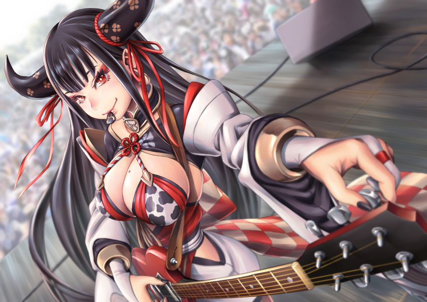 1girl animal_print bangs black_hair black_nails blurry bra breasts bridal_gauntlets cleavage collar concert cow_print depth_of_field detached_sleeves earrings electric_guitar eyeshadow foreshortening guitar highres horn_ribbon horns instrument japanese_clothes jewelry kobu_ride large_breasts long_hair long_sleeves looking_at_viewer makeup mole mole_on_breast mouth_hold nail_polish obi plectrum re:act red_bra red_eyes red_ribbon ribbon rope sash shimenawa shrug_(clothing) smile solo_focus stage underwear ushio_tia very_long_hair virtual_youtuber wide_sleeves