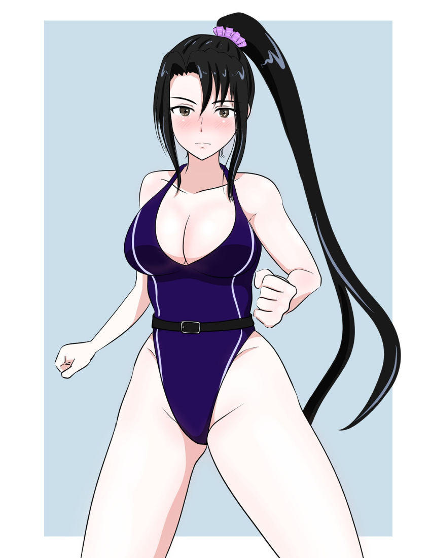 black_hair blue_background blush border breasts brown_eyes cleavage eyebrows_visible_through_hair groin hair_between_eyes highres kantai_collection large_breasts long_hair long_ponytail nachi_(kantai_collection) osage_gankyou outside_border swimsuit thighs white_border