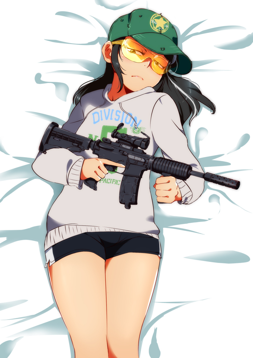 1girl absurdres assault_rifle black_hair brown_eyes commission frown gun hat highres jcm2 lying m4_carbine on_back original rifle safety_glasses short_shorts shorts solo star sweater trigger_discipline weapon