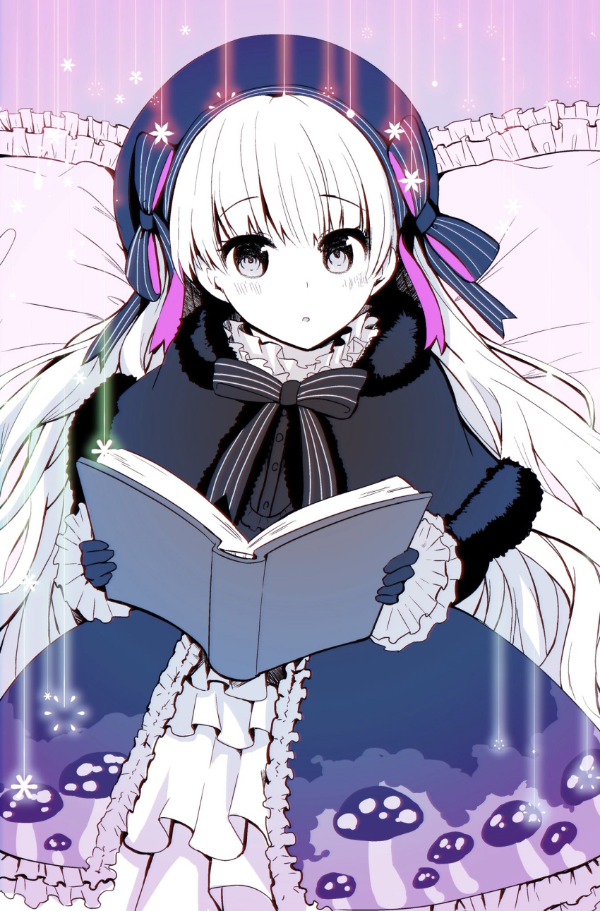 1girl :o blush book capelet commentary_request dress eyebrows_visible_through_hair fate/extra fate_(series) fur_trim gloves hat hat_ribbon highres holding long_hair long_sleeves looking_at_viewer neck_ribbon nursery_rhyme_(fate/extra) nyokichi_(nyokitto!) open_book parted_lips purple_dress purple_hat ribbon sitting solo very_long_hair