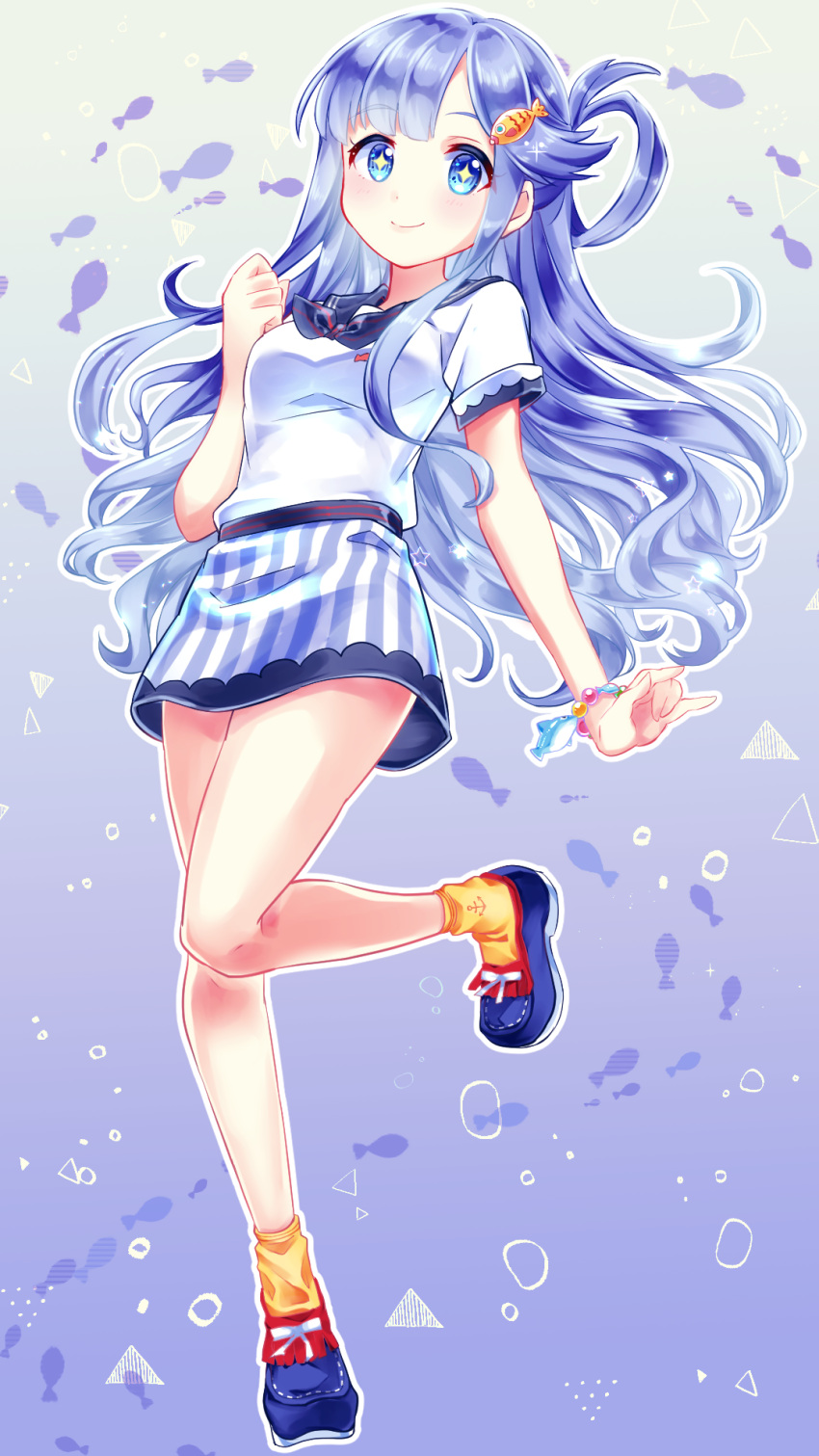 +_+ 1girl anchor_symbol asari_nanami bangs blue_footwear blue_hair bracelet breasts closed_mouth eyebrows_visible_through_hair fish_hair_ornament full_body hair_ornament hair_rings highres idolmaster idolmaster_cinderella_girls idolmaster_cinderella_girls_starlight_stage jewelry knees_together_feet_apart leg_up long_hair looking_at_viewer miniskirt mugi_(user_khzh5853) orange_legwear outline shirt shoes short_sleeves skirt small_breasts smile socks standing standing_on_one_leg striped striped_skirt vertical-striped_skirt vertical_stripes white_outline white_shirt