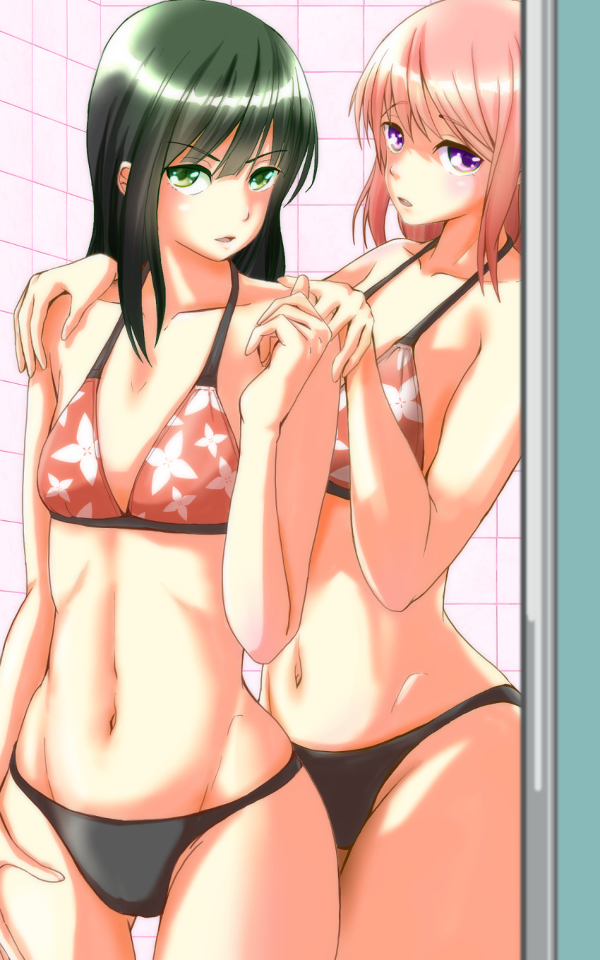 2girls ass_visible_through_thighs bikini commentary eyebrows_visible_through_hair female flat_chest floral_print fujish green_eyes green_hair groin hair_between_eyes hand_on_own_thigh hands_on_another's_shoulders harukana_receive highres long_hair looking_at_viewer multiple_girls navel swimsuit tachibana_ayasa thighs tiles tooi_narumi violet_eyes yuri