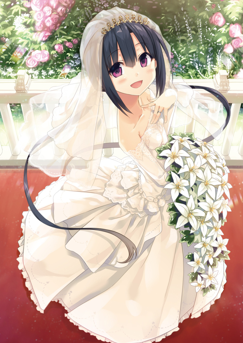 1girl :d absurdres bangs bare_shoulders black_hair blush bouquet breasts bridal_veil collarbone cura detached_sleeves dress eyebrows_visible_through_hair flower frilled_dress frills hair_between_eyes hand_up hayase_fukami highres holding holding_bouquet jewelry long_hair long_sleeves looking_at_viewer looking_to_the_side maitetsu open_mouth pink_flower pink_rose pleated_dress railing ring rose see-through sidelocks sleeves_past_wrists small_breasts smile solo standing strapless strapless_dress twintails veil very_long_hair violet_eyes wedding_band wedding_dress white_dress white_flower