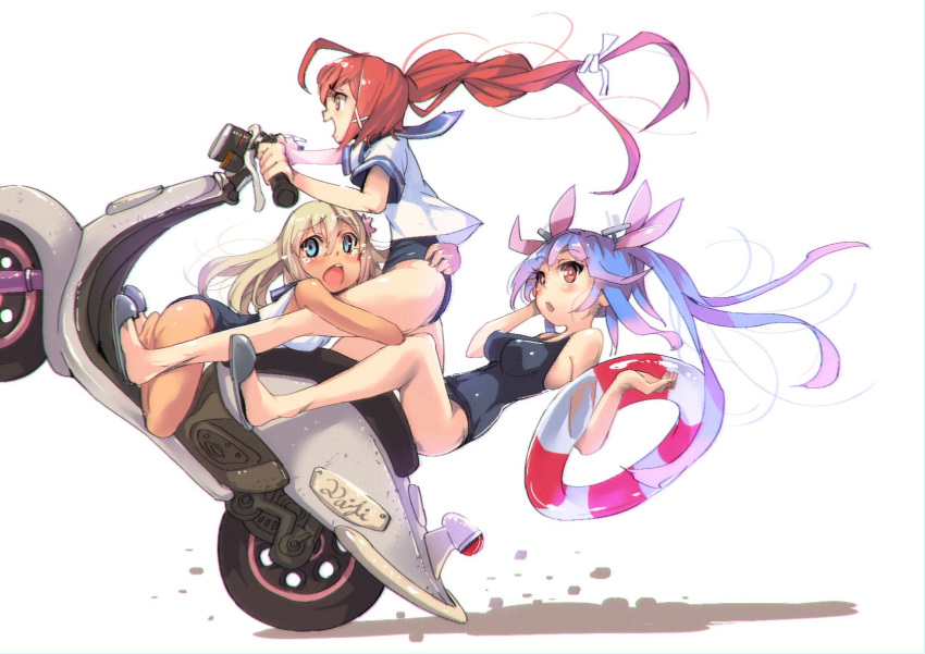 3girls ahoge arms_up ass bangs blonde_hair blue_eyes blue_hair blush breasts commentary_request crop_top driving eyebrows_visible_through_hair flower ground_vehicle hair_between_eyes hair_flower hair_ornament hair_ribbon headgear highres hug i-168_(kantai_collection) i-19_(kantai_collection) innertube kantai_collection kneeling legs long_hair looking_at_viewer motor_vehicle motorcycle multiple_girls one-piece_swimsuit one-piece_tan open_mouth ponytail red_eyes redhead ribbon ro-500_(kantai_collection) sailor_collar satou_daiji school_swimsuit scooter sitting slippers swimsuit swimsuit_under_clothes tan tanline tearing_up tears tri_tails twintails vehicle