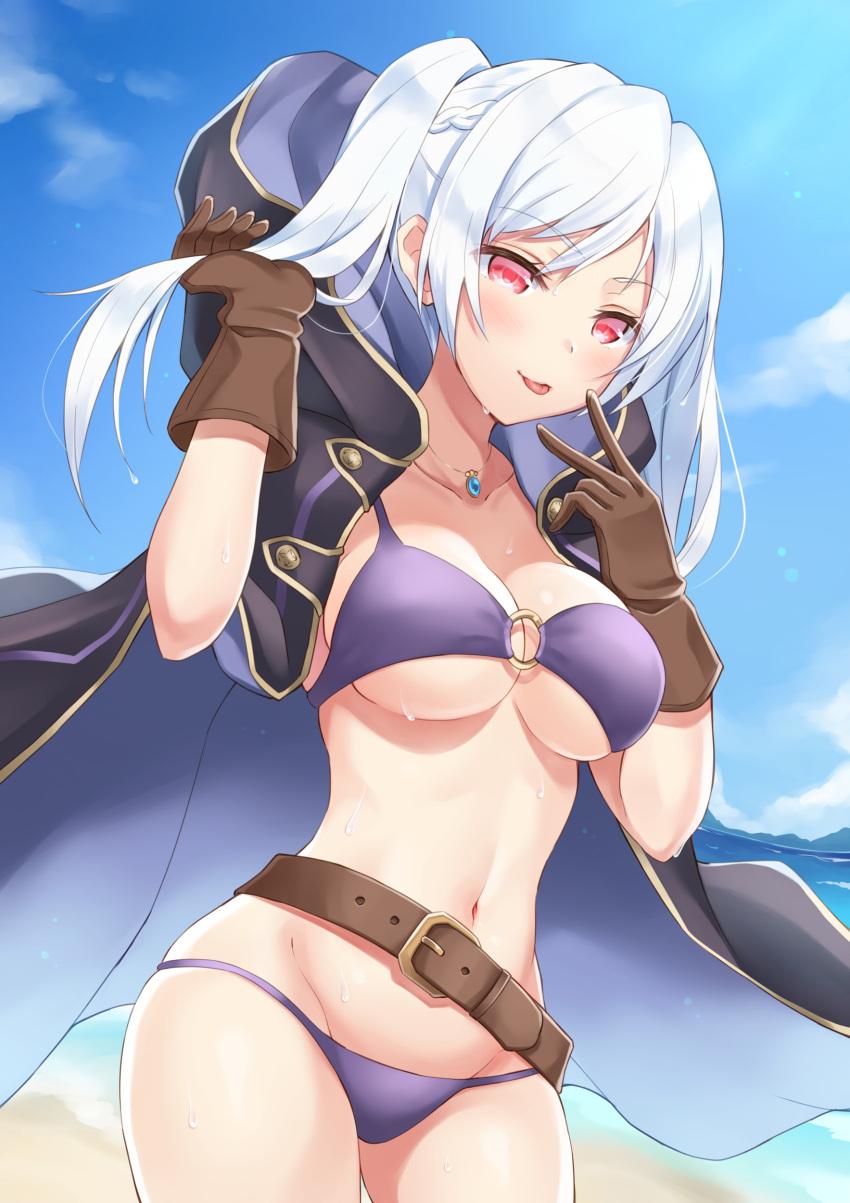 1girl :p absurdres arm_up belt bikini blue_sky blush braid breasts brown_gloves cleavage cloak clouds collarbone commentary_request contrapposto cowboy_shot day eyebrows_visible_through_hair female_my_unit_(fire_emblem:_kakusei) fire_emblem fire_emblem:_kakusei fire_emblem_heroes french_braid gimurei gloves hand_in_hair highres hood hooded_cloak jewelry long_hair looking_at_viewer medium_breasts my_unit_(fire_emblem:_kakusei) navel necklace o-ring o-ring_bikini o-ring_top ocean outdoors pendant purple_bikini red_eyes shiny shiny_hair shiyo_yoyoyo sky smile sweat swimsuit thighs tongue tongue_out twintails under_boob v white_hair