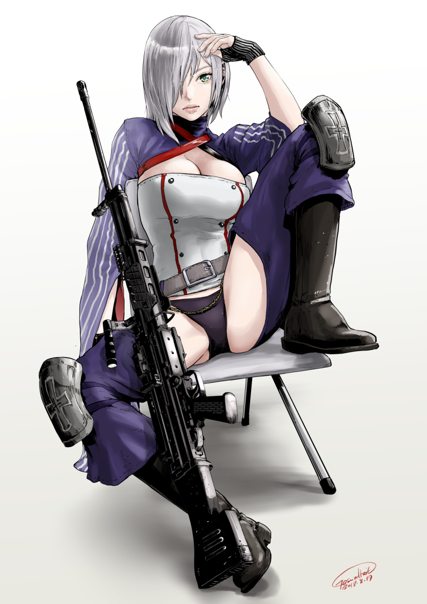 1girl boots breasts chair cleavage fingerless_gloves gesundheit_(artist) girls_frontline gloves green_eyes hair_over_one_eye highres knee_pads lips mg5 mg5_(girls_frontline) signature silver_hair sittig solo spread_legs weapon white_background