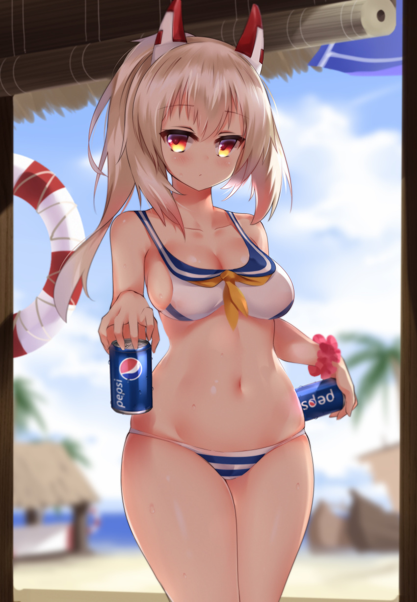 1girl absurdres ayanami_(azur_lane) azur_lane bangs bikini blue_sky blurry blurry_background blush breasts cafe_pretor can cleavage closed_mouth clouds commentary_request condensation cowboy_shot day depth_of_field eyebrows_visible_through_hair hair_between_eyes headgear highres hips holding holding_can indoors lifebuoy light_brown_hair long_hair looking_at_viewer medium_breasts navel neckerchief pepsi pink_scrunchie ponytail red_eyes scrunchie sidelocks sky solo standing striped striped_bikini_bottom swimsuit white_bikini wrist_scrunchie yellow_neckwear