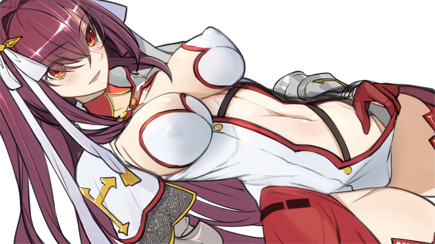 1girl bangs breasts brown_eyes center_opening chainmail cleavage clothes_pull commentary_request cosplay covered_nipples eyebrows_visible_through_hair eyes_visible_through_hair fate/grand_order fate_(series) gauntlets gloves groin hair_intakes hair_ribbon large_breasts long_hair looking_at_viewer navel no_panties pupps purple_hair red_gloves ribbon saint_martha saint_martha_(cosplay) scathach_(fate)_(all) scathach_(fate/grand_order) simple_background solo straight_hair thigh-highs thighs turtleneck white_background