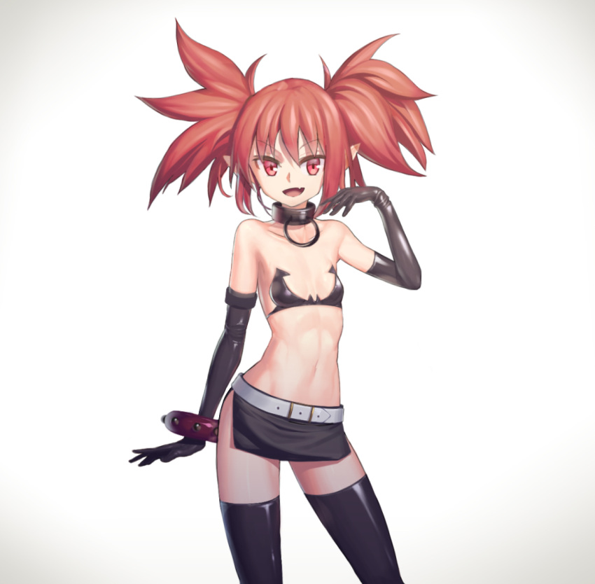 1girl bare_shoulders belt black_gloves black_legwear collar disgaea elbow_gloves etna eyebrows_visible_through_hair fang flat_chest frank_lee_(dfgh132) gloves looking_at_viewer makai_senki_disgaea miniskirt navel open_mouth pointy_ears red_eyes redhead short_hair skirt smile solo thigh-highs twintails