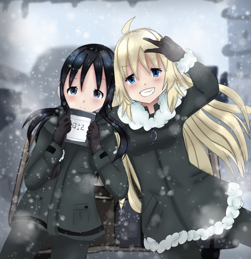 2girls absurdres ahoge black_gloves black_hair blonde_hair blue_eyes blush chito_(shoujo_shuumatsu_ryokou) coat eyebrows_visible_through_hair falling_snow fur-trimmed_coat fur_trim gloves hair_between_eyes highres long_hair looking_at_viewer multiple_girls panties pout shoujo_shuumatsu_ryokou smile snow snowing sophieperky underwear v very_long_hair yuuri_(shoujo_shuumatsu_ryokou)