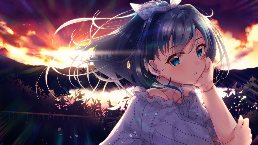 1girl bangs blue_eyes blue_hair blush bow bracelet chin_rest earrings fantasic_kiss from_side hair_bow hand_on_own_cheek highres ichiren_namiro jewelry lake looking_at_viewer looking_to_the_side outdoors parted_lips ponytail railing seashell_earrings short_sleeves solo sunset upper_body