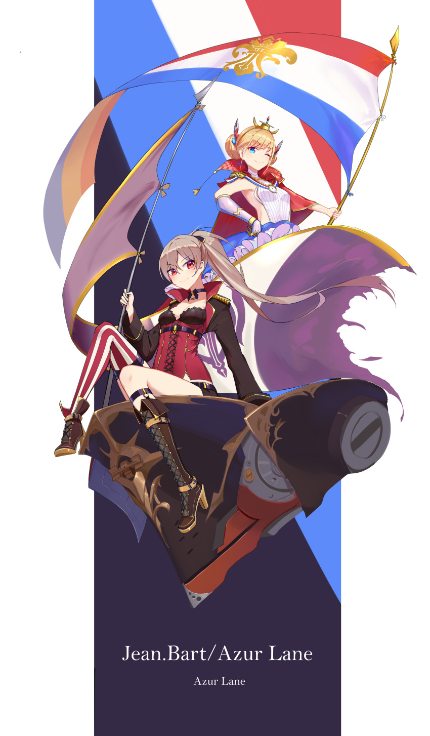 2girls absurdres asymmetrical_footwear asymmetrical_legwear azur_lane blonde_hair blue_eyes boots breasts brown_hair capelet character_name choker copyright_name double_bun elbow_gloves flag flagpole fleur_de_lis french_flag gloves high_heel_boots high_heels highres holding holding_flag jean_bart_(azur_lane) le_triomphant_(azur_lane) long_hair looking_at_viewer multiple_girls one_eye_closed red_capelet red_eyes shorts single_elbow_glove single_knee_boot single_thighhigh sitting small_breasts smile thigh-highs xiang_cheng_(nido)