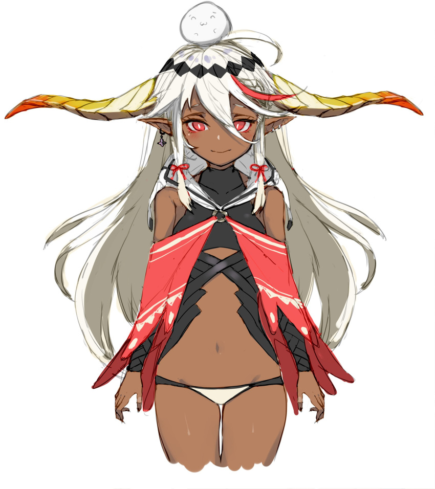 1girl bare_shoulders breasts bright_pupils closed_mouth commentary_request cowboy_shot creature cropped_legs detached_sleeves ear_piercing earrings hair_between_eyes highres horns jewelry kumonji_aruto legs_together long_hair long_sleeves looking_at_viewer navel original panties piercing red_eyes simple_background small_breasts smile solo standing thigh_gap underwear white_background white_hair white_panties