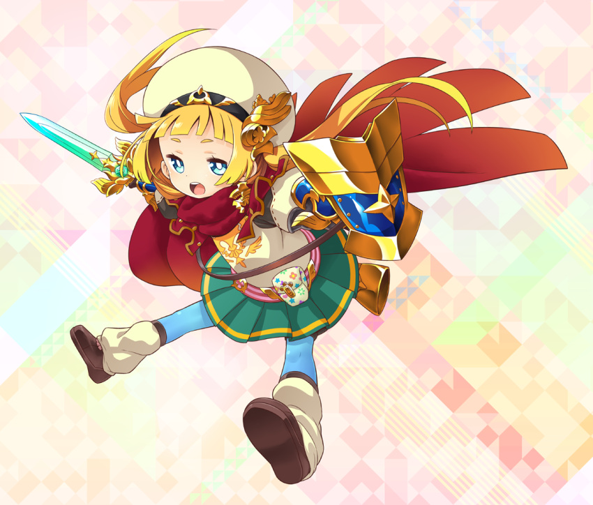 1girl belt belt_pouch blonde_hair blue_eyes cape full_body green_skirt hat hero_(sekaiju) holding holding_shield holding_sword holding_weapon minami_juujisei open_mouth pink_belt pouch red_cape sekaiju_no_meikyuu sekaiju_no_meikyuu_x sheath shield short_hair skirt solo sword weapon