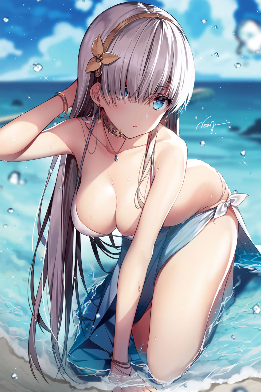 1girl all_fours anastasia_(fate/grand_order) arm_up bangs bare_shoulders beach bikini blue_eyes blue_sky blurry bracelet breasts cleavage clouds collarbone day depth_of_field detexted earrings eyebrows_visible_through_hair fate/grand_order fate_(series) hair_between_eyes hair_over_one_eye hairband head_tilt highres horizon jewelry large_breasts long_hair looking_at_viewer necklace necomi outdoors parted_lips sarong signature silver_hair sky solo strap_gap swimsuit third-party_edit very_long_hair water water_drop wet white_bikini