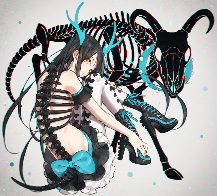 1girl antlers black_footwear black_hair black_skirt blue_bow boots bow closed_mouth collar grey_background hakusai_(tiahszld) high_heel_boots high_heels long_hair looking_at_viewer looking_back original pantyhose pleated_skirt revealing_clothes ribs sitting skeleton skirt solo spiked_collar spikes spine very_long_hair white_legwear yellow_eyes
