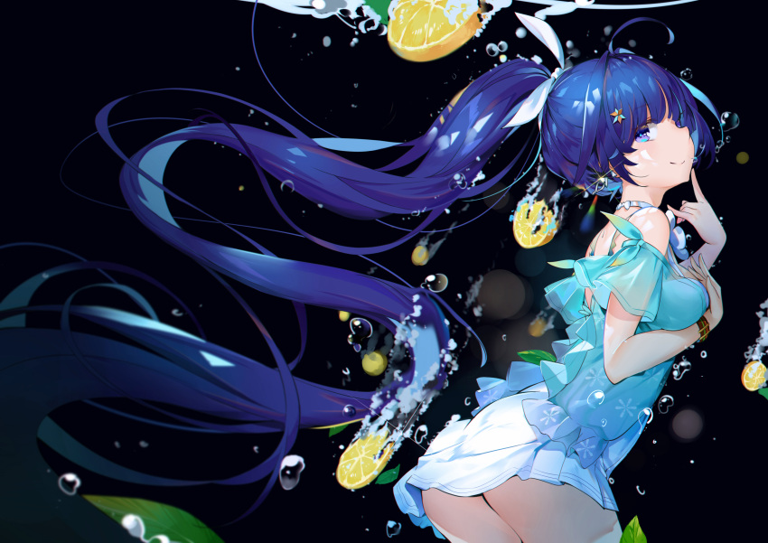 1girl absurdly_long_hair absurdres air_bubble ass bangs bare_shoulders benghuai_xueyuan black_background blue_shirt breasts bubble closed_mouth commentary_request dress eyebrows_visible_through_hair food fruit hair_between_eyes hair_ornament hand_on_own_chest hands_up highres honkai_impact index_finger_raised leaning_forward lemon lemon_slice long_hair medium_breasts off-shoulder_shirt purple_hair raiden_mei shirt short_sleeves smile solo very_long_hair violet_eyes water white_dress yamano_(yamanoh)