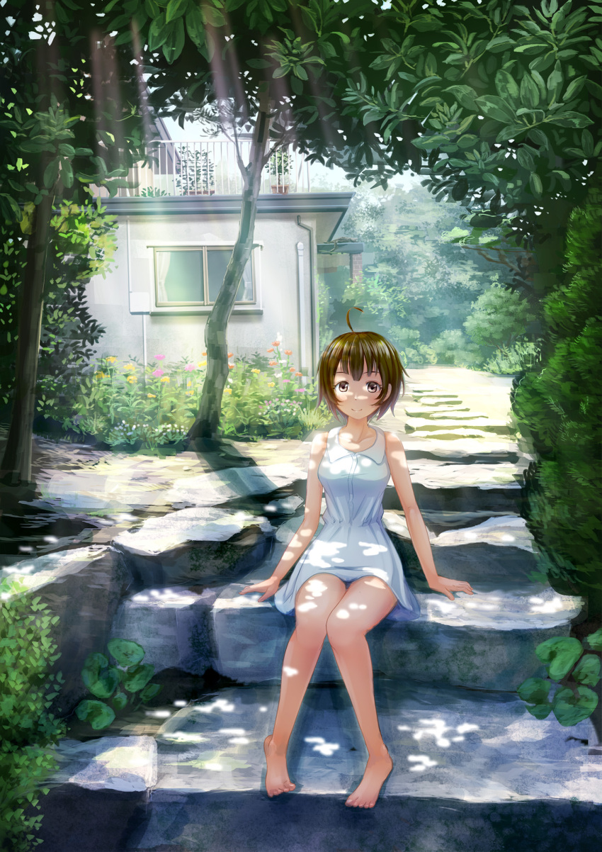 1girl ahoge barefoot blush breasts brown_hair closed_mouth collarbone collared_dress day dress eyebrows_visible_through_hair hamari_rin highres looking_at_viewer medium_breasts nature original outdoors scenery short_hair smile solo white_dress window