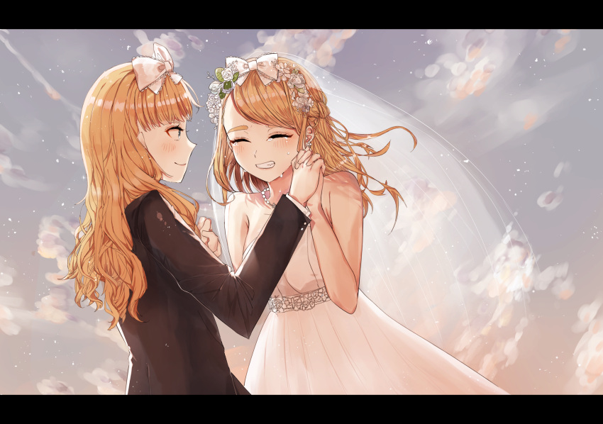 2girls af_(user_hcyy5587) bangs blonde_hair bow bridal_veil bride closed_eyes dress flower gown hair_bow hand_holding highres incest jessica_(jinrou_judgment) jewelry jinrou_judgment long_hair multiple_girls necklace open_mouth outdoors sandra_(jinrou_judgment) siblings sisters sky smile strapless strapless_dress tears tuxedo twincest twins veil wedding_dress white_dress wife_and_wife