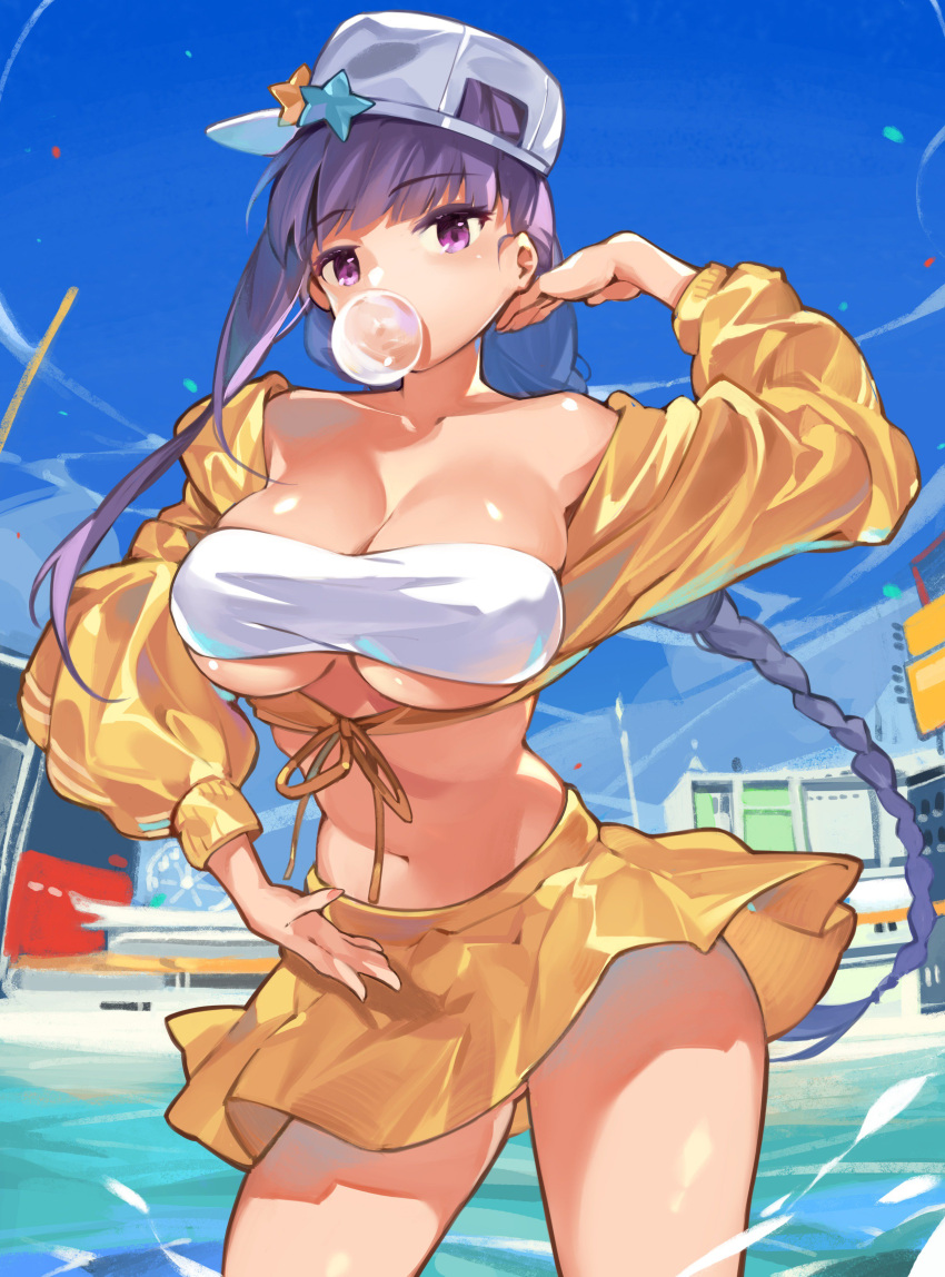 1girl absurdres bangs bare_shoulders bb_(fate/extra_ccc) bb_(swimsuit_mooncancer)_(fate) bikini bikini_top boat braid breasts bursting_breasts chewing_gum cleavage eyebrows_visible_through_hair fate/grand_order fate_(series) front-tie_top hana_mori hat highres huge_breasts lavender_eyes lavender_hair long_hair looking_at_viewer midriff navel off_shoulder pose solo swimsuit under_boob very_long_hair watercraft white_bikini