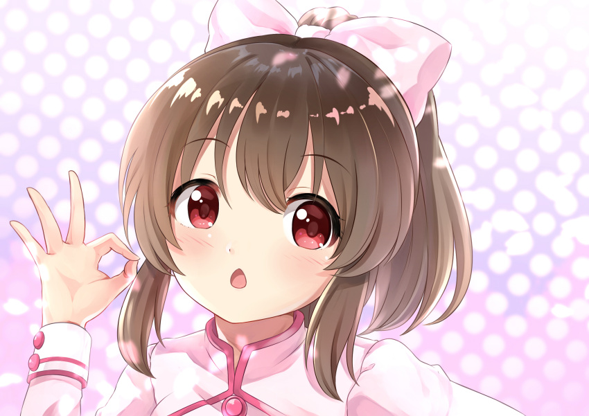 1girl bangs blush bow breasts brown_hair chestnut_mouth commentary_request cuff_links eyebrows_visible_through_hair eyes_visible_through_hair hair_bow hand_on_hip hand_up high_collar high_ponytail highres hori_yuuko idol idolmaster idolmaster_cinderella_girls jacket kira!_mankai_smile large_bow long_sleeves looking_at_viewer medium_breasts medium_hair ok_sign open_mouth pink_bow pink_jacket portrait raised_eyebrows red_eyes shiny shiny_hair sidelocks sleeve_cuffs solo sora_(silent_square) tareme