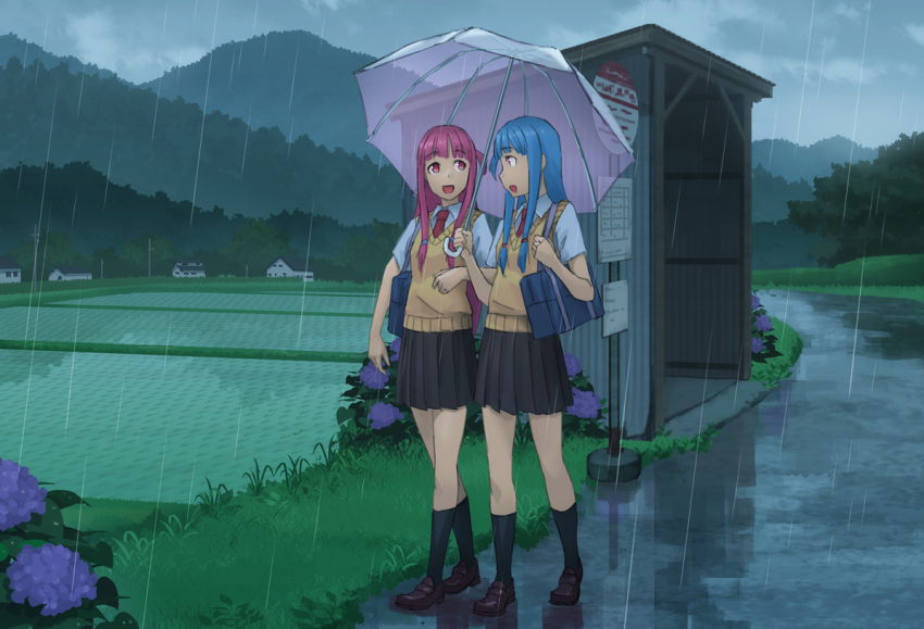 2girls :d bangs bare_arms black_skirt blue_hair building bus_stop flower full_body grass hydrangea kotonoha_akane kotonoha_aoi kurione_(zassou) long_hair looking_at_another mountain multiple_girls necktie open_mouth outdoors pink_hair pleated_skirt purple_flower rain red_eyes red_neckwear shirt short_sleeves siblings sisters skirt smile straight_hair sweater_vest umbrella voiceroid white_shirt