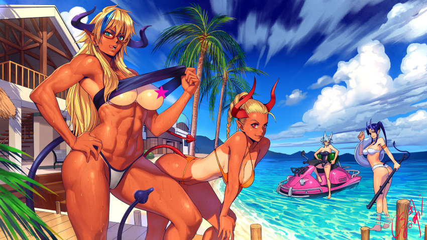 4girls abs aqua_eyes armlet balcony ball bandeau bandeau_pull bangs bare_arms bare_legs bare_shoulders barefoot beach beach_house beachball bench bent_over bikini black_swimsuit blonde_hair blue_hair blue_sky braid breasts bush casual_one-piece_swimsuit censored cleavage closed_mouth clouds cloudy_sky club collarbone commentary_request day demon_tail earrings eyepatch grey_eyes ground_vehicle hair_between_eyes hand_on_hip hand_up hanging_breasts head_tilt highres holding holding_ball holding_weapon innertube jewelry kanabou large_breasts long_hair looking_at_viewer looking_back looking_to_the_side medium_breasts motor_vehicle mountain mountainous_horizon multicolored_hair multiple_girls muscle muscular_female navel ocean ogami one-piece_swimsuit oni oni_horns open_mouth orange_bikini orange_eyes original palm_tree pier pointy_ears ponytail red-framed_eyewear red_eyes semi-rimless_eyewear shiny shiny_hair shiny_skin short_hair signature single_braid sitting sky slit_pupils smile stairs standing star_censor streaked_hair stud_earrings summer sweat swimsuit tail tan tanline tongue tongue_out tree under-rim_eyewear wading watermelon_beachball weapon wet white_bikini white_bikini_bottom