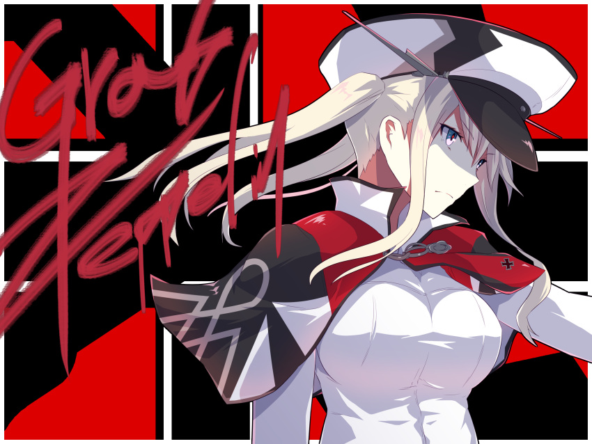 1girl blonde_hair capelet celtic_knot character_name graf_zeppelin_(kantai_collection) grey_eyes hair_between_eyes hat highres iron_cross kantai_collection military_hat necktie peaked_cap sidelocks solo twinameless twintails upper_body