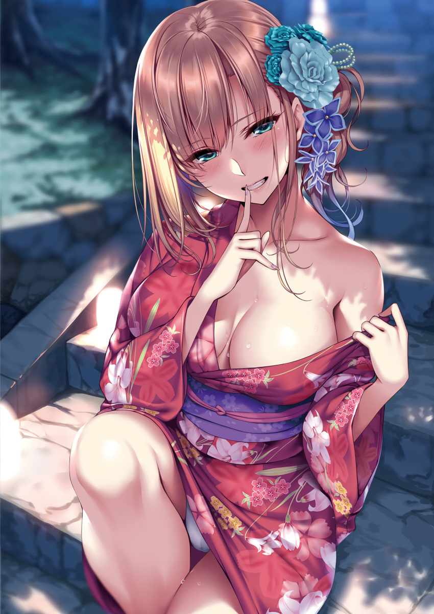 1girl bangs bare_shoulders blonde_hair blurry blurry_background blush breasts cleavage clenched_teeth collarbone comic_exe dappled_sunlight day eyebrows_visible_through_hair eyelashes fang finger_to_mouth fingernails floral_print green_eyes grin hair_ornament half-closed_eyes highres japanese_clothes kimono large_breasts lips long_fingernails looking_at_viewer nail_polish obi off_shoulder original outdoors panties parted_lips pink_nails piromizu sash shade shushing sidelocks sitting smile solo stairs stone_stairs sunlight sweat sweatdrop teeth tree tree_shade underwear white_panties yukata