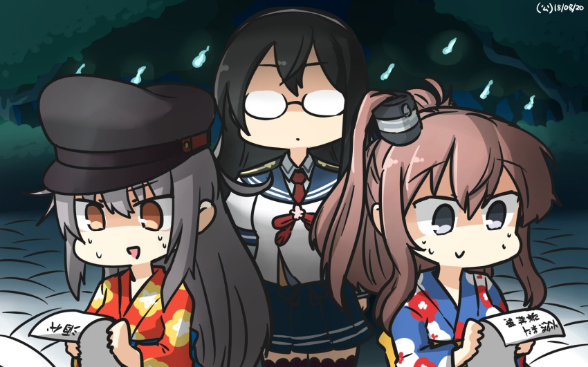 3girls :d alternate_costume black_hair black_hat blue_eyes blue_sailor_collar blue_shirt blue_skirt brown_hair commentary_request dated floral_print gangut_(kantai_collection) glasses hairband hamu_koutarou hat highres hitodama holding holding_paper japanese_clothes kantai_collection kimono long_hair long_sleeves multiple_girls necktie obi ooyodo_(kantai_collection) open_mouth orange_eyes paper peaked_cap pleated_skirt red_neckwear sailor_collar saratoga_(kantai_collection) sash shaded_face shirt side_ponytail skirt smile white_hair white_hairband wide_sleeves yukata