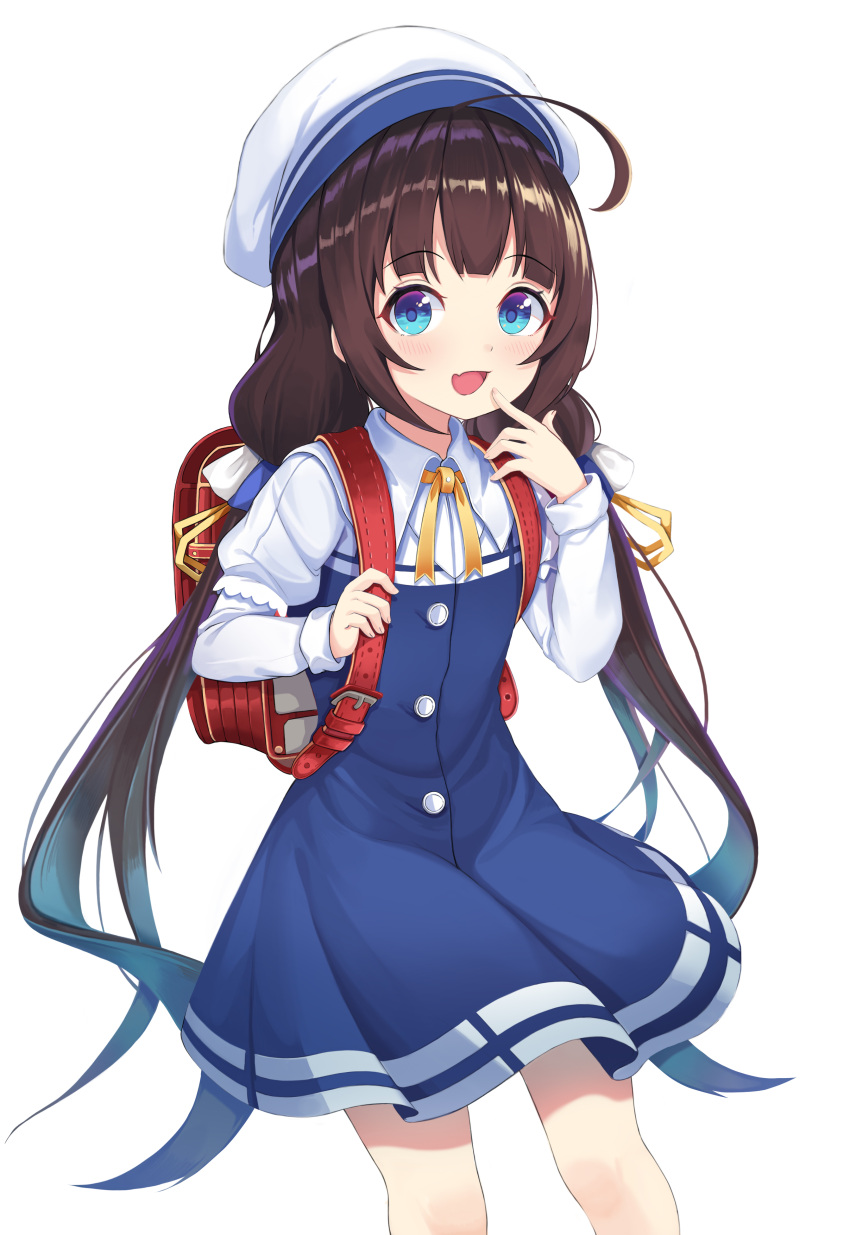 1girl :d absurdres ahoge backpack bag bangs beret blue_dress blue_eyes blush brown_hair commentary_request dress eyebrows_visible_through_hair fang finger_to_mouth fingernails hand_up hat highres hinatsuru_ai holding lebring long_hair long_sleeves looking_at_viewer low_twintails neck_ribbon open_mouth puffy_short_sleeves puffy_sleeves randoseru ribbon ryuuou_no_oshigoto! school_uniform short_over_long_sleeves short_sleeves sidelocks simple_background sleeves_past_wrists smile solo twintails very_long_hair white_background white_hat yellow_ribbon